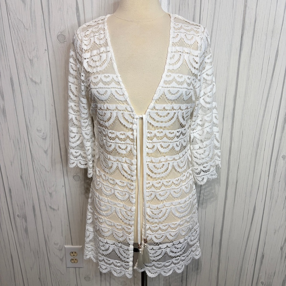 SPIAGGIA DOLCE White Crochet Kimono Swim Coverup Tassel Tie Front, Large
